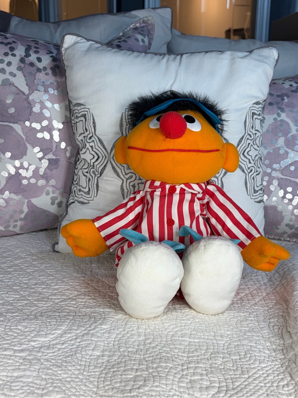Vintage Ernie Plush Toy in Red & White Striped Pajamas